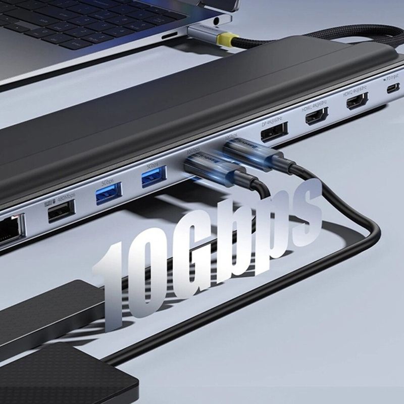 PC, gaming si accesorii - Retelistica - Hub-uri - Hub USB-C la 2x HDMI, DP, 3x Type-C, 3x USB, SD/TF, RJ45, 10Gbps - Baseus (B0114200) - Space Grey - Infinity.ro