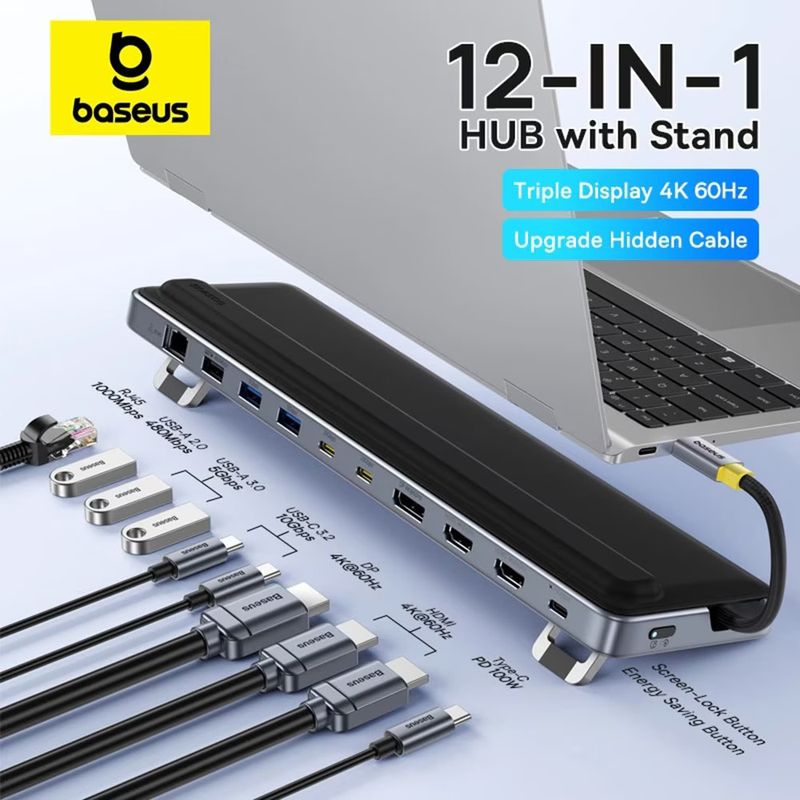 PC, gaming si accesorii - Retelistica - Hub-uri - Hub USB-C la 2x HDMI, DP, 3x Type-C, 3x USB, SD/TF, RJ45, 10Gbps - Baseus (B0114200) - Space Grey - Infinity.ro