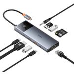 PC, gaming si accesorii - Retelistica - Hub-uri - Hub USB-C la HDMI, 3xUSB, 2xUSB-C, RJ45, SD, TF, Jack3.5mm - Baseus Metal Gleam Series II (B00061800813-00) - Space Grey - Infinity.ro