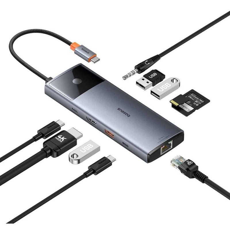 PC, gaming si accesorii - Retelistica - Hub-uri - Hub USB-C la HDMI, 3xUSB, 2xUSB-C, RJ45, SD, TF, Jack3.5mm - Baseus Metal Gleam Series II (B00061800813-00) - Space Grey - Infinity.ro