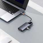 PC, gaming si accesorii - Retelistica - Hub-uri - Hub USB-C la HDMI, 3xUSB, 2xUSB-C, RJ45, SD, TF, Jack3.5mm - Baseus Metal Gleam Series II (B00061800813-00) - Space Grey - Infinity.ro