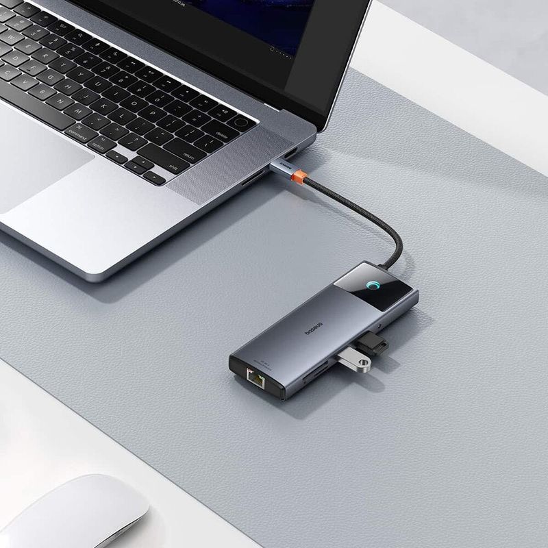 PC, gaming si accesorii - Retelistica - Hub-uri - Hub USB-C la HDMI, 3xUSB, 2xUSB-C, RJ45, SD, TF, Jack3.5mm - Baseus Metal Gleam Series II (B00061800813-00) - Space Grey - Infinity.ro