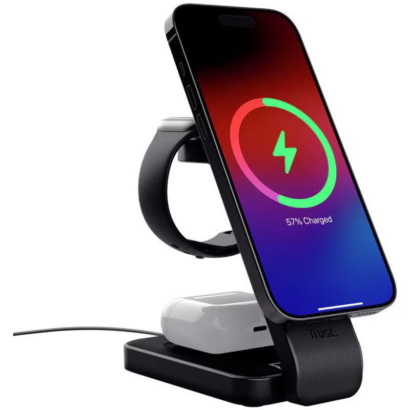 Laptop, Telefoane si Tablete - Telefoane mobile si accesorii - Accesorii Telefoane - Incarcatoare telefoane - Incarcator wireless magnetic Trust VIRO 3-in-1, 15W, smartphone, earphones, smartwatch, Negru - Infinity.ro