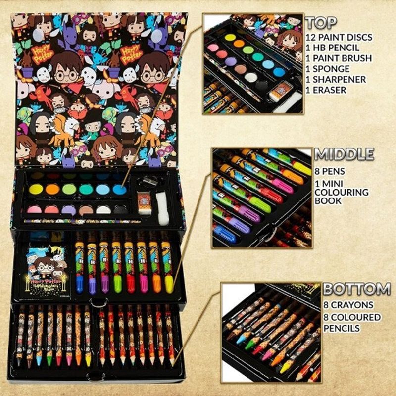 Jucarii, Copii si Bebe - Jucarii si jocuri - Jucarii & jocuri educative - Seturi pictura si desen - Set creativ de pictat cu Harry Potter, 42 piese, creioane cerate, carioci, acuarele si accesorii, in trusa, Maro - Infinity.ro