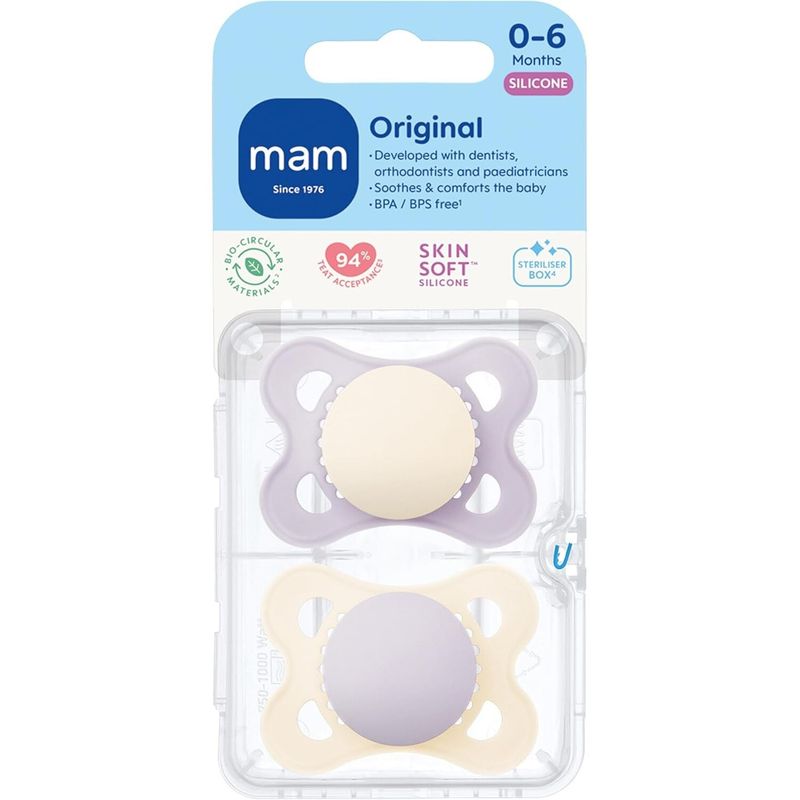 Jucarii, Copii si Bebe - Hrana si alaptare - Biberoane, suzete si accesorii hranire - Suzete si accesorii - Set 2 Suzete Ortodontice Mam Baby, Pacifier Original Mix&Match, 2-6 lun, Mam SkinSoft, fara BPA si BPS, Bej/Lila - Infinity.ro