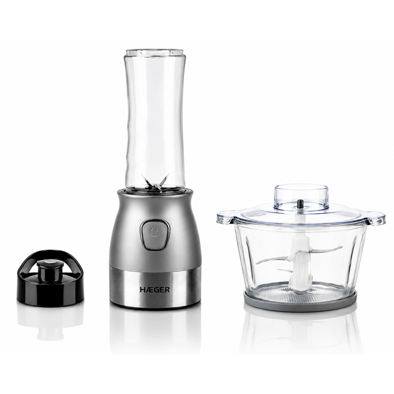 Electronice si Electrocasnice - Electrocasnice bucatarie - Mixere, tocatoare & roboti de bucatarie - Blendere si mini tocatoare - Blender si tocator HAEGER PERFECT COMBO 2 in 1, Putere 500 W, Pahar 600 ml, Bol sticla 2 L, 4 Lame din inox, Argintiu - Infinity.ro