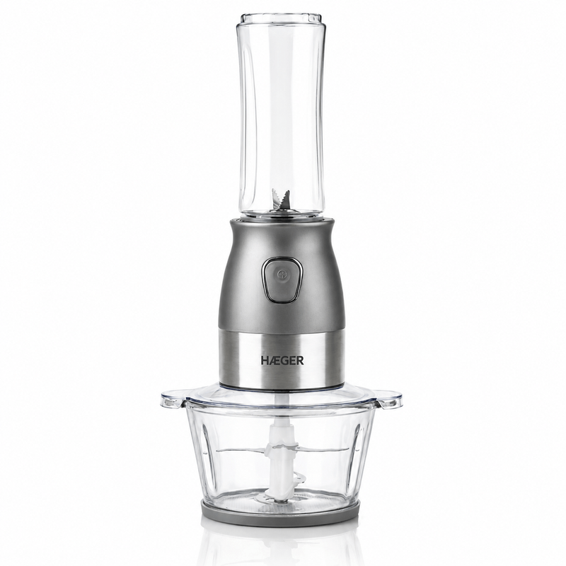 Electronice si Electrocasnice - Electrocasnice bucatarie - Mixere, tocatoare & roboti de bucatarie - Blendere si mini tocatoare - Blender si tocator HAEGER PERFECT COMBO 2 in 1, Putere 500 W, Pahar 600 ml, Bol sticla 2 L, 4 Lame din inox, Argintiu - Infinity.ro