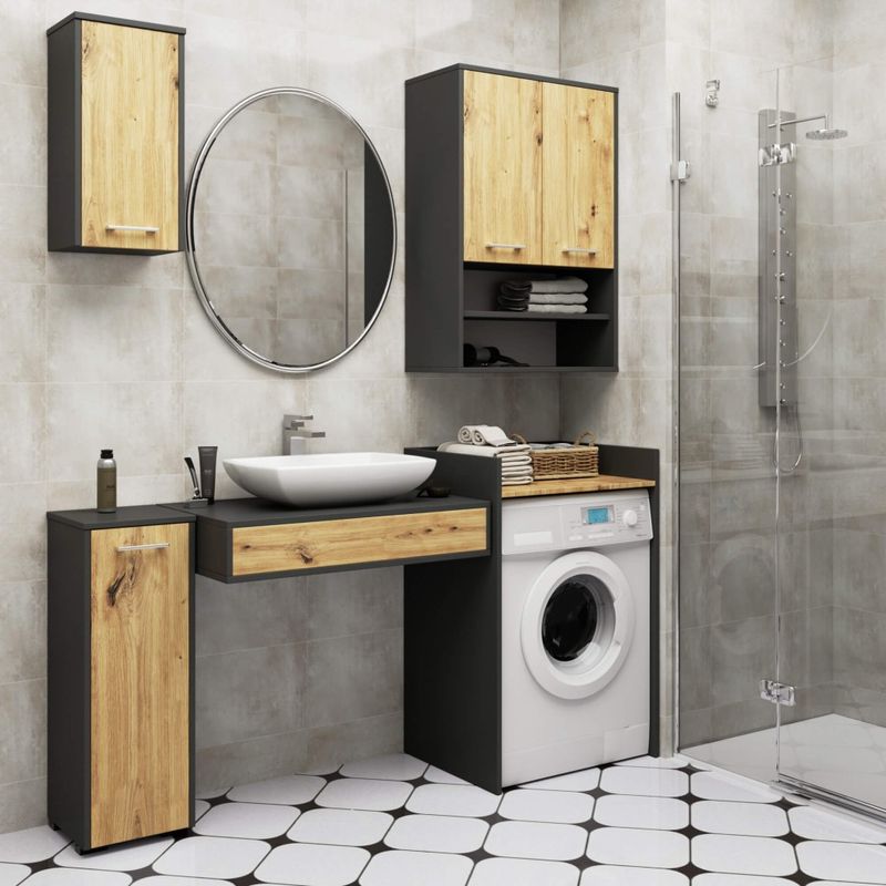 Casa si Gradina - Mobilier - Mobilier baie - Corpuri baie - Dulap baie suspendat, cu 2 usi si 2 rafturi deschise, PAL 16 mm, 64x30x94 cm, gri si stejar artisan - Infinity.ro
