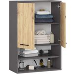 Casa si Gradina - Mobilier - Mobilier baie - Corpuri baie - Dulap baie suspendat, cu 2 usi si 2 rafturi deschise, PAL 16 mm, 64x30x94 cm, gri si stejar artisan - Infinity.ro