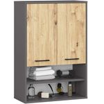Casa si Gradina - Mobilier - Mobilier baie - Corpuri baie - Dulap baie suspendat, cu 2 usi si 2 rafturi deschise, PAL 16 mm, 64x30x94 cm, gri si stejar artisan - Infinity.ro