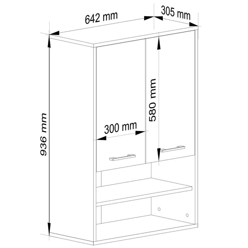 Casa si Gradina - Mobilier - Mobilier baie - Corpuri baie - Dulap baie suspendat, cu 2 usi si 2 rafturi deschise, PAL 16 mm, 64x30x94 cm, gri si stejar artisan - Infinity.ro