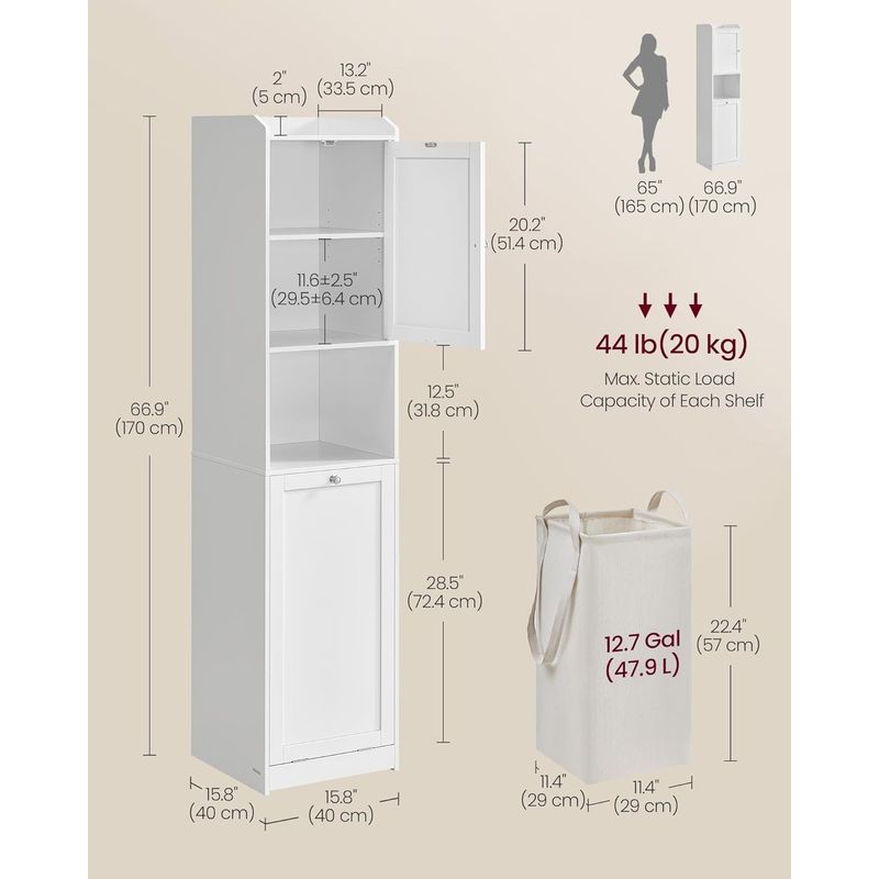 Casa si Gradina - Mobilier - Mobilier baie - Corpuri baie - Dulap baie inalt cu cos rufe detasabil, cu usa si rafturi, 40x40x170 cm, alb - Infinity.ro