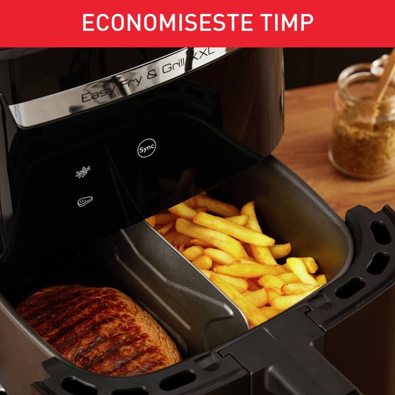 Electronice si Electrocasnice - Electrocasnice bucatarie - Aparate de gatit & desert - Friteuze - Air fryer 2 in 1 cu aer cald si gratar Tefal Easy Fry & Grill XXL EY801815 , 8 programe, 6.3 L, 2 zone de gatire - Infinity.ro