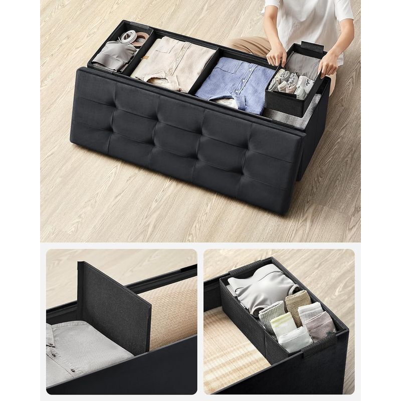 Casa si Gradina - Mobilier - Scaune si fotolii - Tabureti - Bancuta pliabila cu spatiu de depozitare, catifea matlasata, 38x110x38 cm, capacitate 300 kg, negru - Infinity.ro