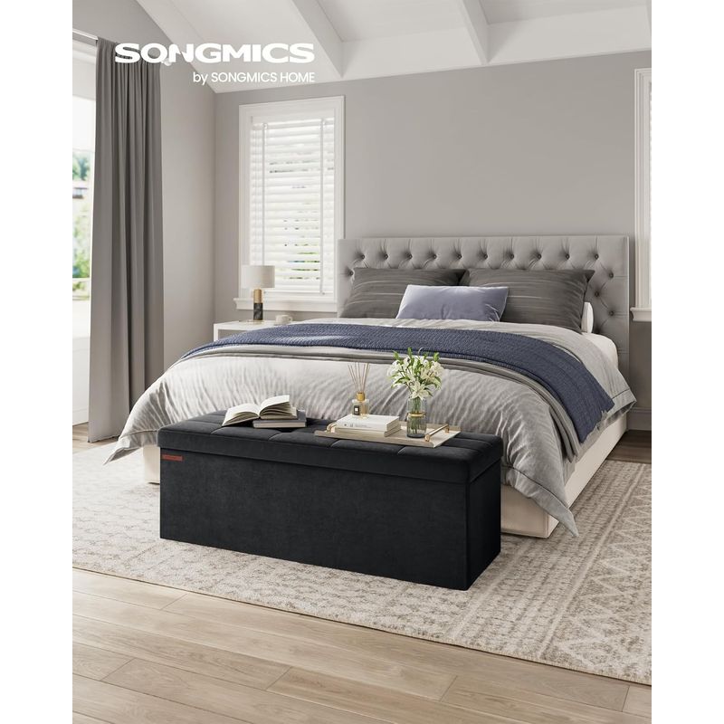 Casa si Gradina - Mobilier - Scaune si fotolii - Tabureti - Bancuta pliabila cu spatiu de depozitare, catifea matlasata, 38x110x38 cm, capacitate 300 kg, negru - Infinity.ro