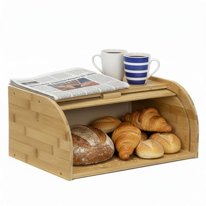 Casa si Gradina - Bucatarie si vesela - Organizare si depozitare bucatarie - Cutii alimentare - Cutie pentru paine din bambus cu capac glisant, raft superior, 38x28x18 cm, bambus natur maro - Infinity.ro