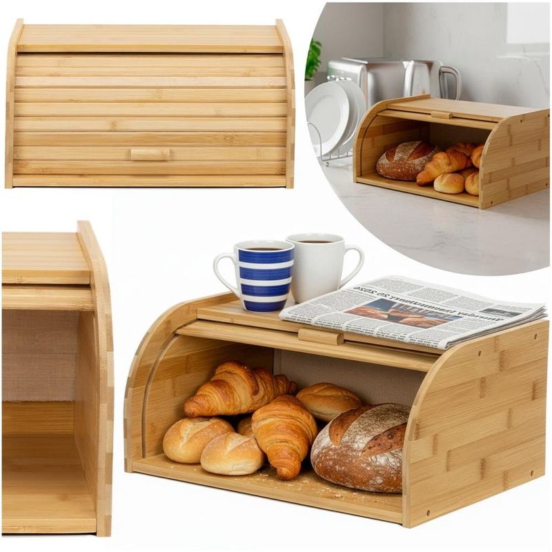 Casa si Gradina - Bucatarie si vesela - Organizare si depozitare bucatarie - Cutii alimentare - Cutie pentru paine din bambus cu capac glisant, raft superior, 38x28x18 cm, bambus natur maro - Infinity.ro
