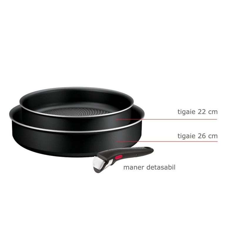 Casa si Gradina - Bucatarie si vesela - Vase pentru gatit - Tigai si seturi - Set de 3 piese Tefal Ingenio Generous Cook L3129053, tigaie de 22/26 cm, maner detasabil, indicator Thermo Signal - Infinity.ro
