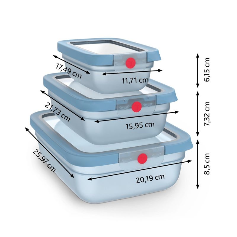 Casa si Gradina - Bucatarie si vesela - Organizare si depozitare bucatarie - Cutii alimentare - Set de 5 caserole Tefal ONEClick N1230210, 0.5 / 1.2 / 2.3 L, plastic, inchidere 100% etansa, albastru - Infinity.ro