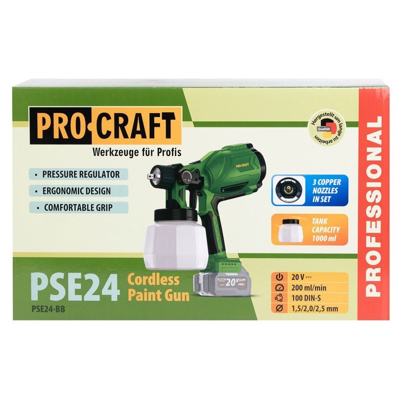 Casa si Gradina - Constructii - Vopsea si tencuieli - Pistoale si sisteme de vopsit si tencuit - Pistol de vopsit pe acumulator PROCRAFT PSE24, 20V, 1000 ml, debit 380 ml/min, acumulatorul nu este inclus - Infinity.ro