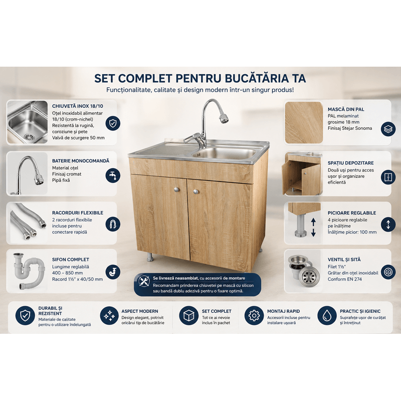 Casa si Gradina - Mobilier - Seturi de mobilier - Seturi bucatarie - Set Masca Chiuveta Sonoma 80 cm X 50 cm X 80 cm, chiuveta inox cuva dreapta, baterie lebada flexibila si sifon scurgere - Infinity.ro