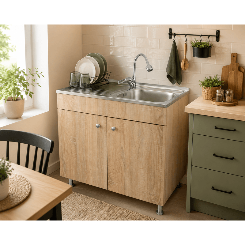 Casa si Gradina - Mobilier - Seturi de mobilier - Seturi bucatarie - Set Masca Chiuveta Sonoma 80 cm X 50 cm X 80 cm, chiuveta inox cuva dreapta, baterie lebada flexibila si sifon scurgere - Infinity.ro