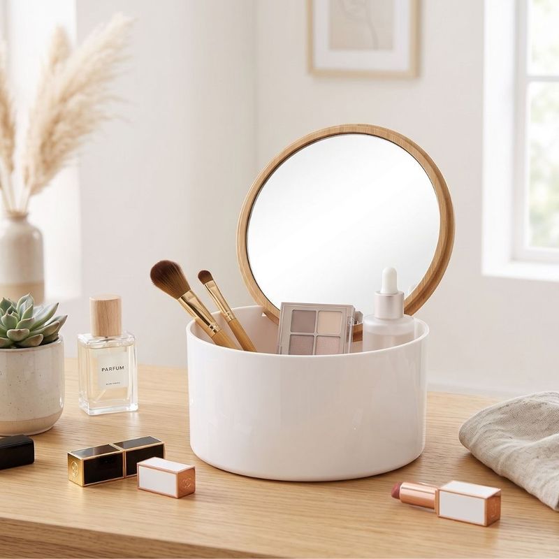 Ingrijire personala si Cosmetice - Machiaj - Oglinzi cosmetice - Oglinda de machiaj cu organizator cosmetic rotund, 13x13x7 cm, Eleganza - Infinity.ro