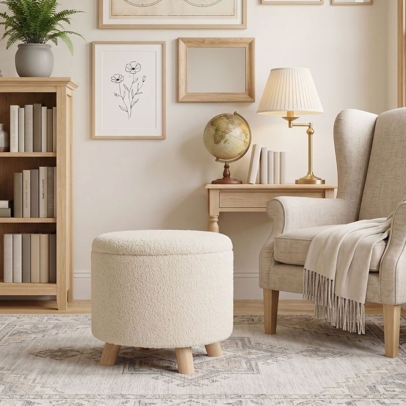 Casa si Gradina - Mobilier - Scaune si fotolii - Tabureti - Taburet material alb Teddy, cu spatiu de depozitare si picioare de lemn, 40x37 cm - Infinity.ro