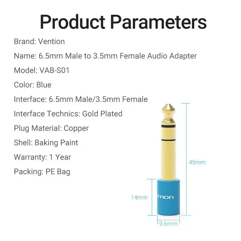 TV, Audio-Video si Foto - Accesorii TV si audio - Cabluri si adaptoare audio - Adaptor stereo audio Jack 3.5 mm soclu - Jack 6.3mm mufa aurit VENTION VAB-S01-L - Infinity.ro