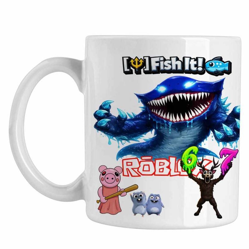 Casa si Gradina - Bucatarie si vesela - Cani si pahare - Cani si cesti - Cana Roblox Fish it Huggy Wuggy Sea Monster Pescar, alba, 330ml - Infinity.ro