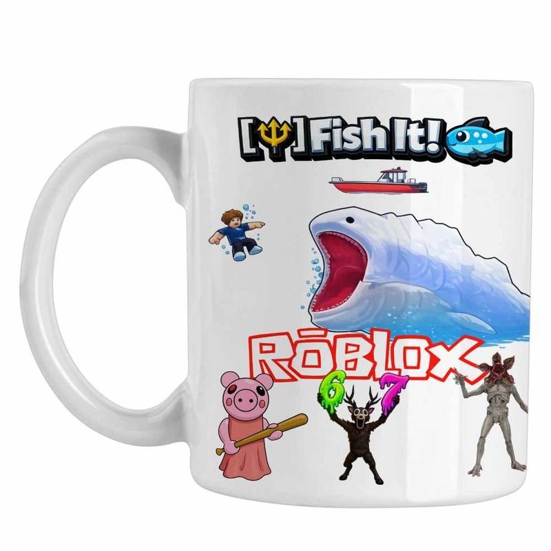 Casa si Gradina - Bucatarie si vesela - Cani si pahare - Cani si cesti - Cana Fish it Roblox Pescar Marin Monster, alba, 330ml - Infinity.ro