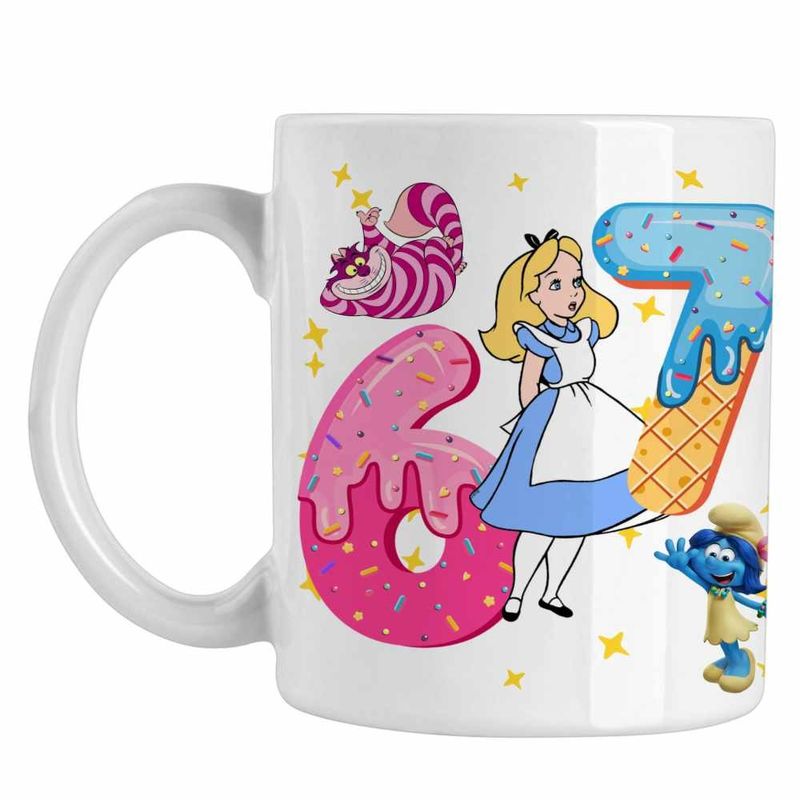 Casa si Gradina - Bucatarie si vesela - Cani si pahare - Cani si cesti - Cana Alice Tara Minunilor Six Seven Sase Sapte 67, alba, 330ml - Infinity.ro