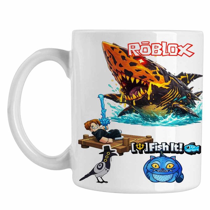 Casa si Gradina - Bucatarie si vesela - Cani si pahare - Cani si cesti - Cana Roblox Fish it Dark Shark Sea Monster, alba, 330ml - Infinity.ro