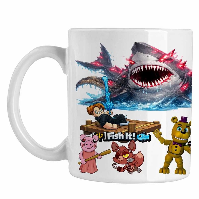 Casa si Gradina - Bucatarie si vesela - Cani si pahare - Cani si cesti - Cana Pescar Roblox Rechin Sea Monster Pescar, alba, 330ml - Infinity.ro