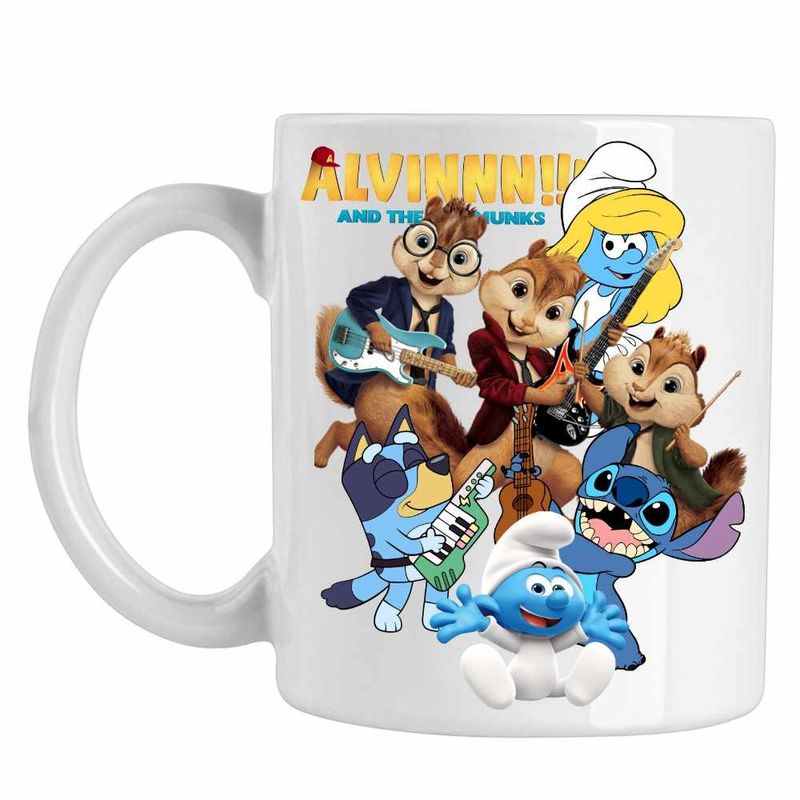 Casa si Gradina - Bucatarie si vesela - Cani si pahare - Cani si cesti - Cana Alvin Bluey Stich Strumfii Strumfita Trupa Muzicala Chitara, CoolTrend, alba, 330ml - Infinity.ro