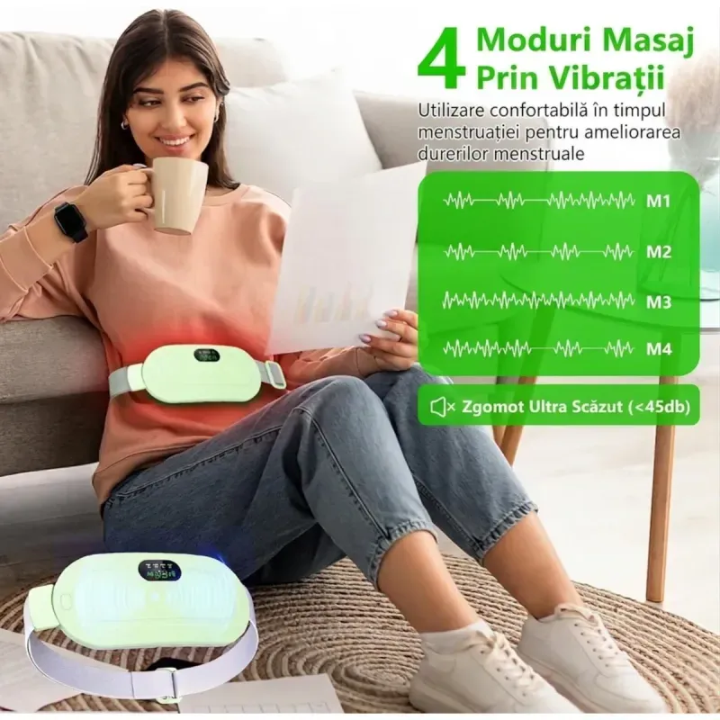 Ingrijire personala si Cosmetice - Sanatate si wellness - Articole wellness - Aparate si dispozitive de masaj - Centura abdominala cu incalzire si masaj pentru dureri menstruale si lombare 3 trepte termice 4 moduri vibromasaj Verde - Infinity.ro