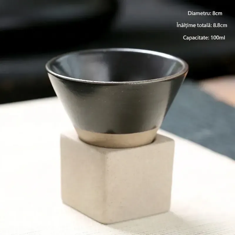 Casa si Gradina - Bucatarie si vesela - Cani si pahare - Cani si cesti - Set ceasca ceramica pentru espresso ABYZ 120ml cu suport cub ceramic, design conic minimalist si rafinat, Negru - Infinity.ro