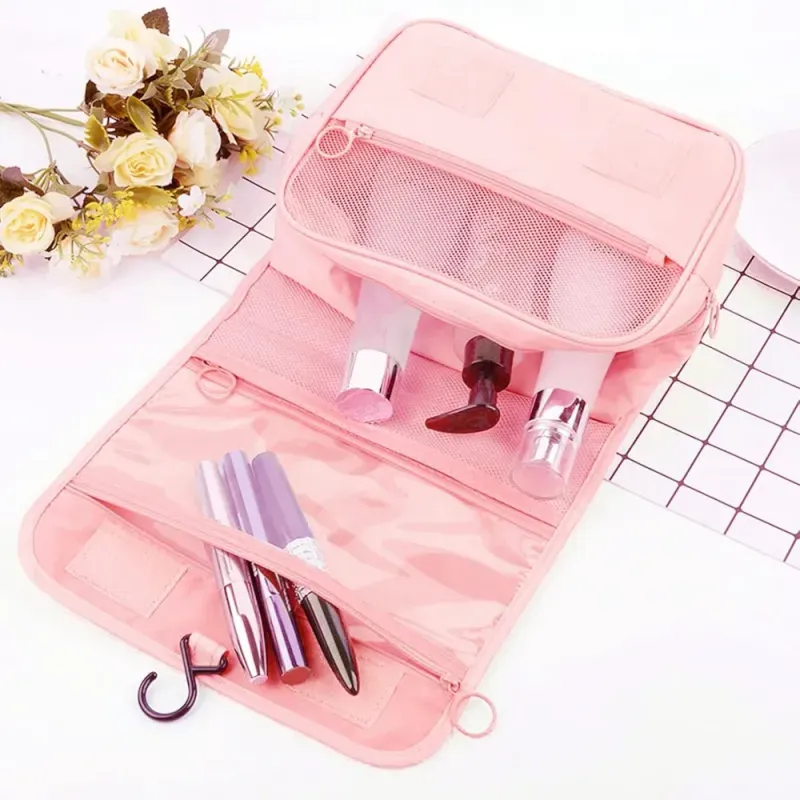 Ingrijire personala si Cosmetice - Machiaj - Portfarduri si genti cosmetice - Geanta cosmetice de calatorie ABYZ pliabila cu agatatoare impermeabila compartimente multiple 24x19cm Roz - Infinity.ro