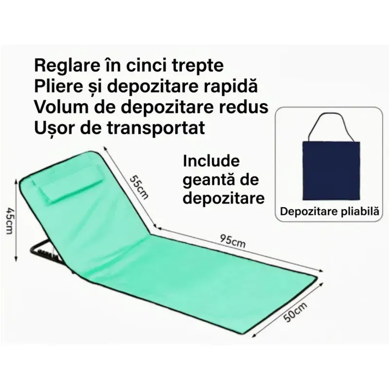 Casa si Gradina - Gradina si terasa - Mobilier exterior - Scaune si sezlonguri gradina - Saltea pliabila pentru plaja impermeabila spatar reglabil perna integrata include geanta de transport 145 x 50 cm Verde - Infinity.ro