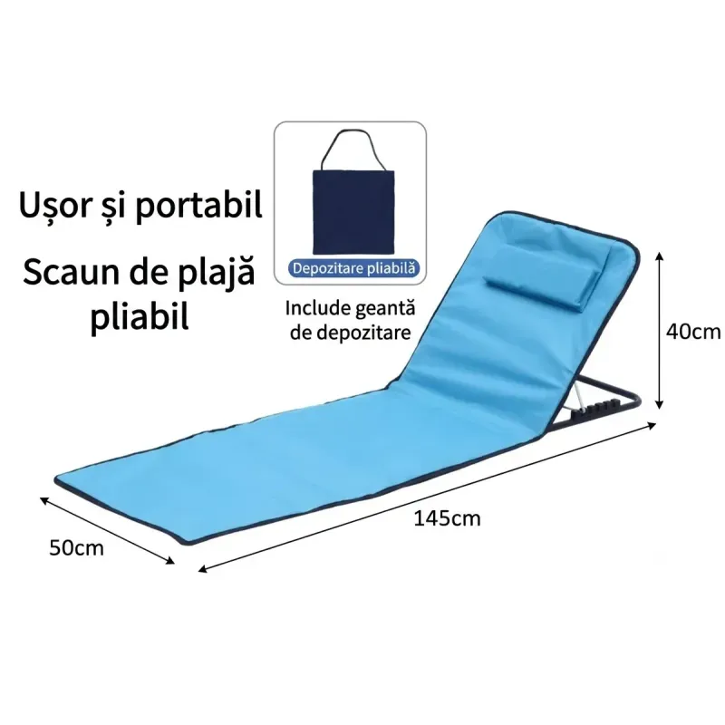 Casa si Gradina - Gradina si terasa - Mobilier exterior - Scaune si sezlonguri gradina - Saltea pliabila pentru plaja, impermeabila, spatar reglabil in 5 trepte, perna, geanta de transport, 145 x 50 cm, Blue - Infinity.ro