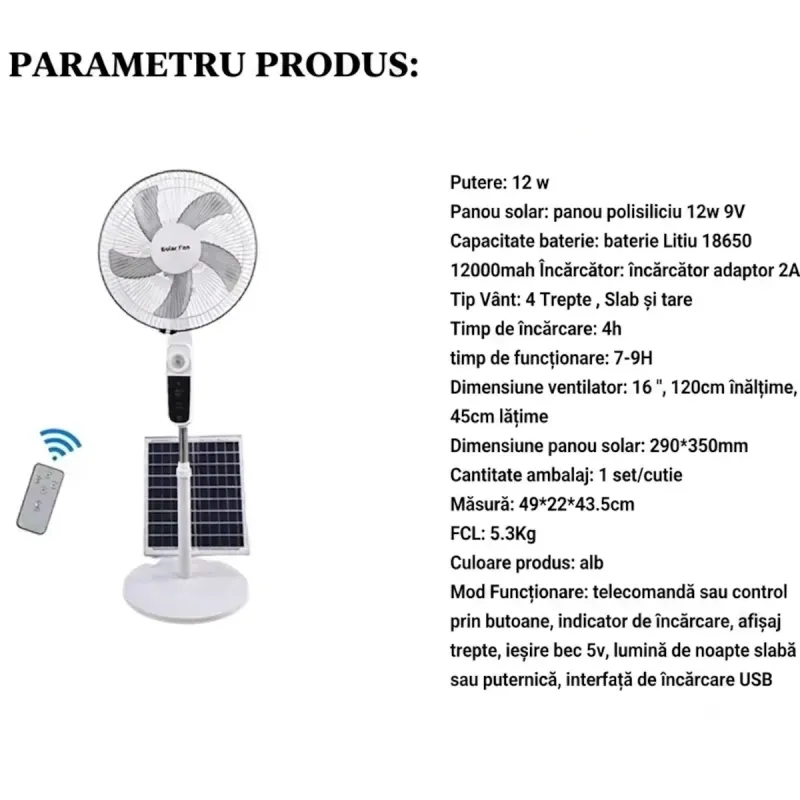 Electronice si Electrocasnice - Climatizare si sisteme de incalzire - Aparate racire aer - Ventilatoare - Ventilator solar cu picior si telecomanda , 12W, 4 trepte de viteza, panou solar 9V 12W, LED, functie powerbank USB - Infinity.ro