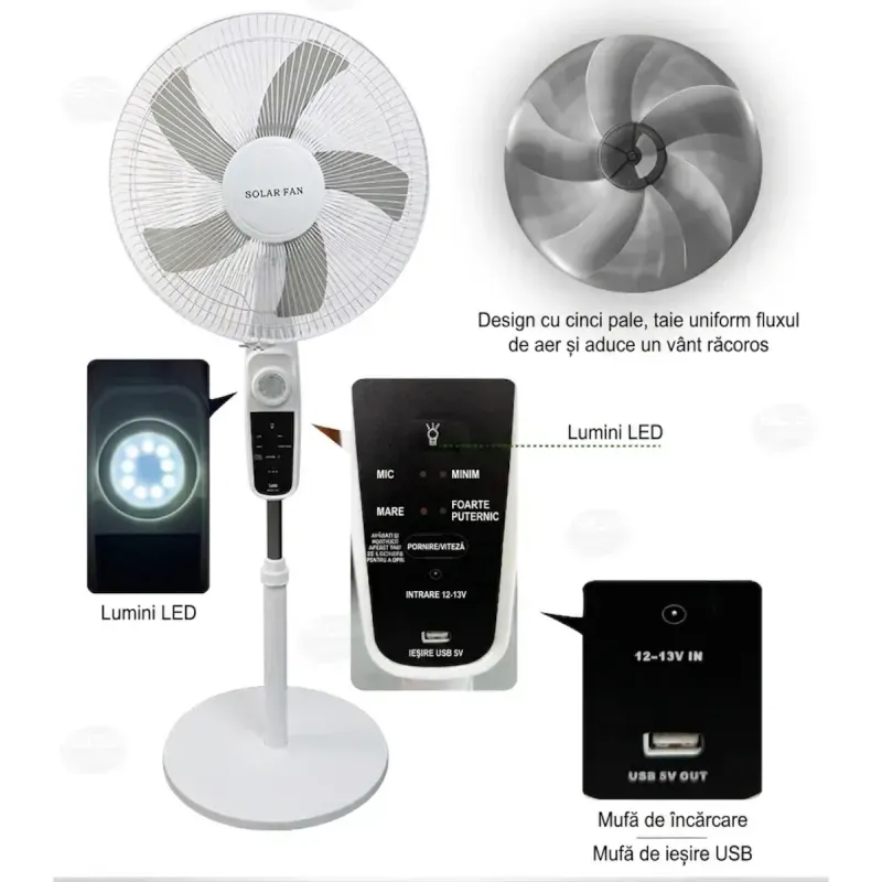 Electronice si Electrocasnice - Climatizare si sisteme de incalzire - Aparate racire aer - Ventilatoare - Ventilator solar cu picior si telecomanda , 12W, 4 trepte de viteza, panou solar 9V 12W, LED, functie powerbank USB - Infinity.ro