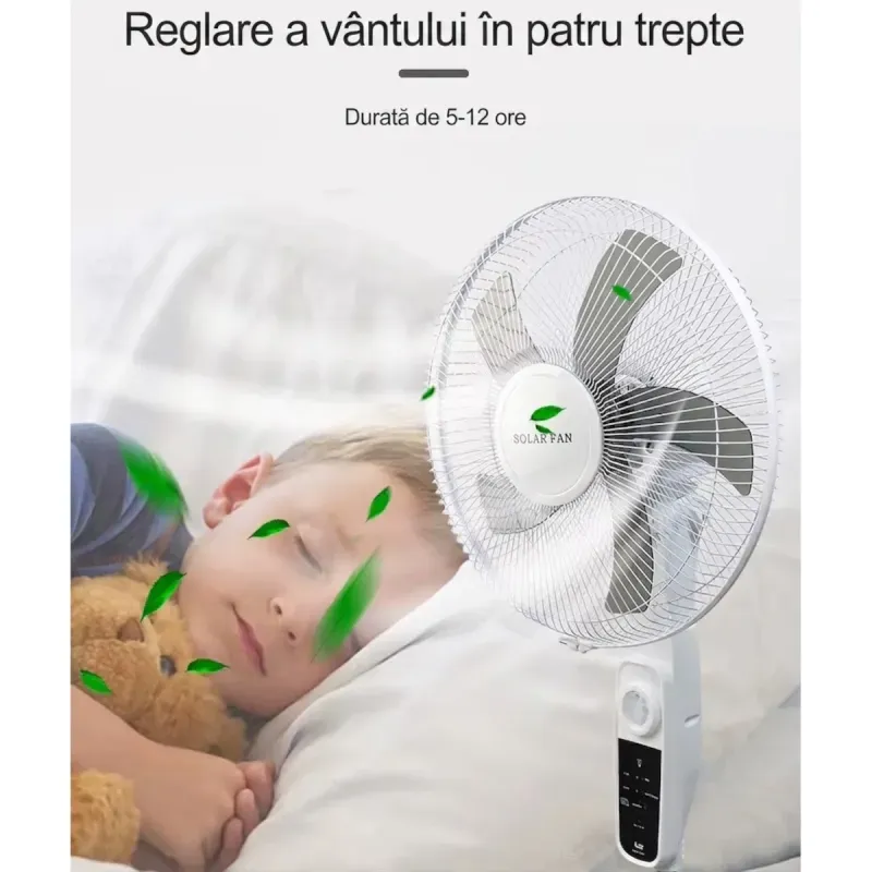 Electronice si Electrocasnice - Climatizare si sisteme de incalzire - Aparate racire aer - Ventilatoare - Ventilator solar cu picior si telecomanda , 12W, 4 trepte de viteza, panou solar 9V 12W, LED, functie powerbank USB - Infinity.ro