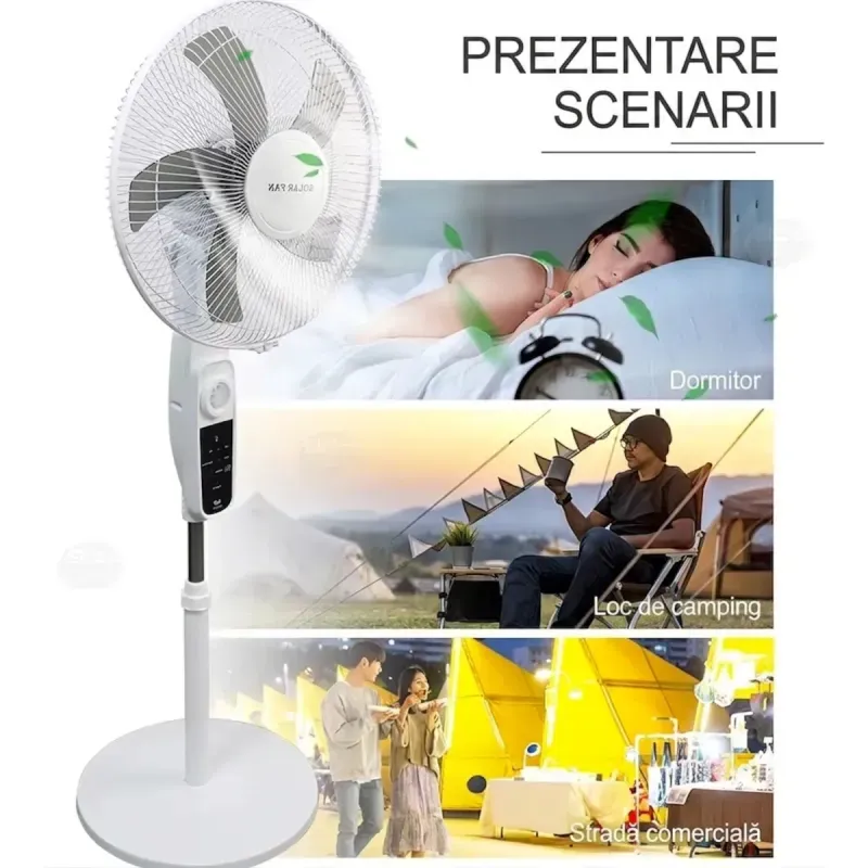 Electronice si Electrocasnice - Climatizare si sisteme de incalzire - Aparate racire aer - Ventilatoare - Ventilator solar cu picior si telecomanda , 12W, 4 trepte de viteza, panou solar 9V 12W, LED, functie powerbank USB - Infinity.ro