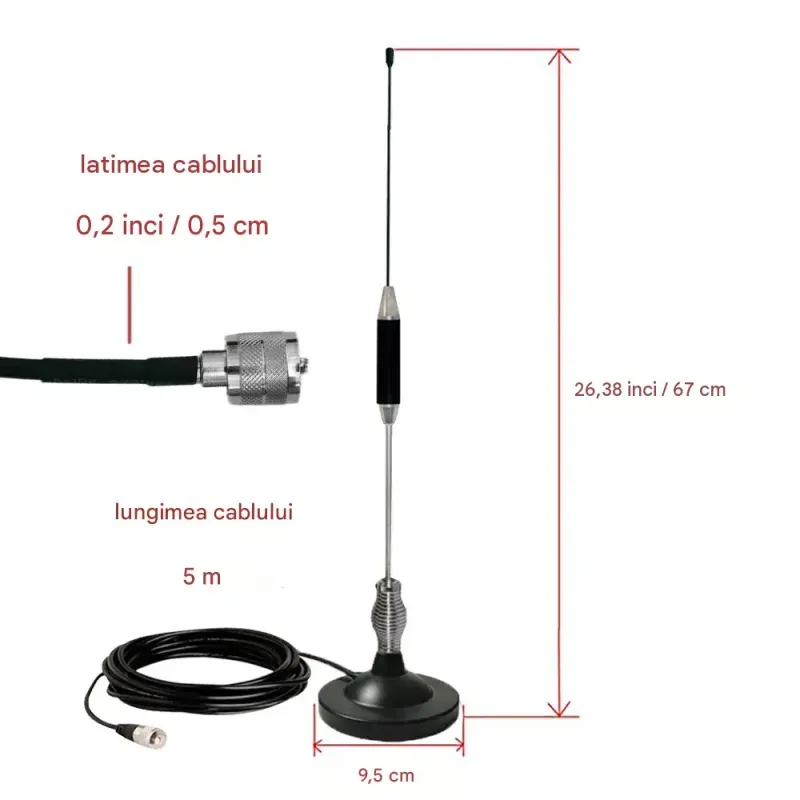 Auto si Moto - Electronice auto - Statii radio si detectoare radar - Antena pentru Statie Auto CB, Baza magnetica 88mm, Inaltime 71cm, Lungime cablu 5m, Frecventa 27 Mhz, Universala - Infinity.ro