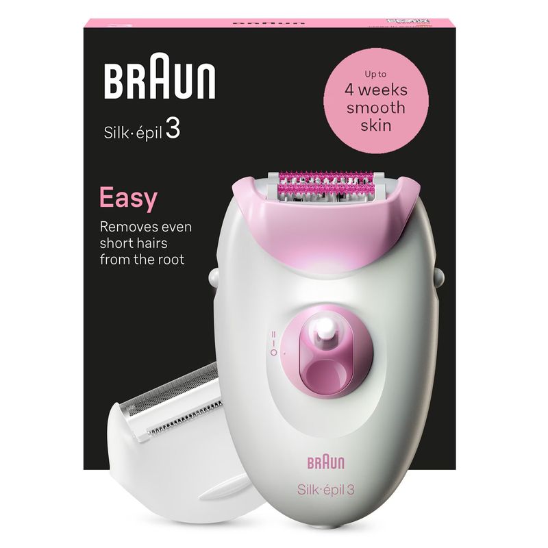 Ingrijire personala si Cosmetice - Aparate & accesorii ingrijire personala - Epilatoare si accesorii - Epilatoare - Epilator Braun Silk-épil 3 3-031, MicroGrip, Smart Light, 20 de pensete, Cap de ras + Pieptene, 2 viteze, Roz - Infinity.ro