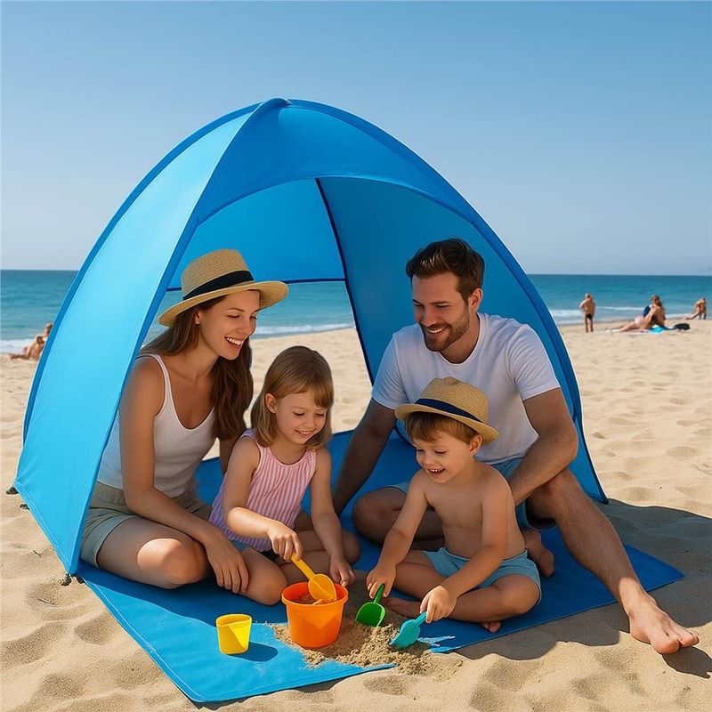 Sport si Outdoor - Camping - Corturi camping - Cort plaja autoexpansibil pop-up plasa ventilatie protectie uv, 160x140x115 cm, compact, albastru - Infinity.ro