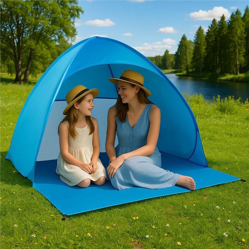 Sport si Outdoor - Camping - Corturi camping - Cort plaja autoexpansibil pop-up plasa ventilatie protectie uv, 160x140x115 cm, compact, albastru - Infinity.ro