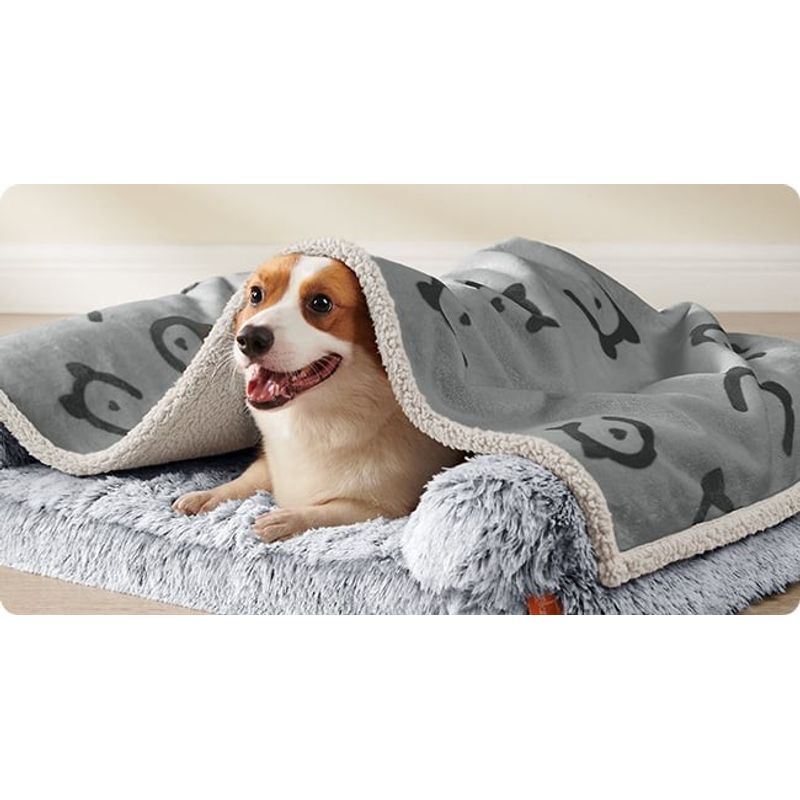 Petshop - Accesorii petshop - Culcusuri si custi - Culcusuri si saltele - Patura impermeabila caini XL, reversibila cu fleece Sherpa si flanel, lavabila, 152x127 cm, gri - Infinity.ro