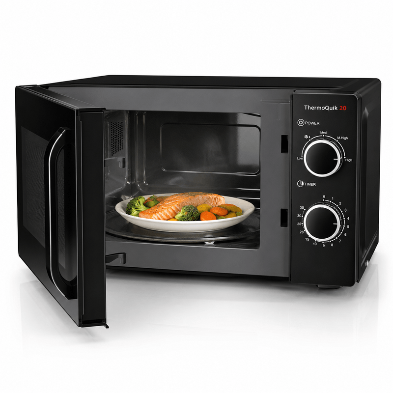 Electronice si Electrocasnice - Aragazuri, cuptoare si hote - Cuptoare - Cuptoare cu microunde - Cuptor cu microunde HAEGER THERMOQUIK, Capacitate 20L, 700 W, 5 niveluri putere si dezghetare, Timer, Negru - Infinity.ro